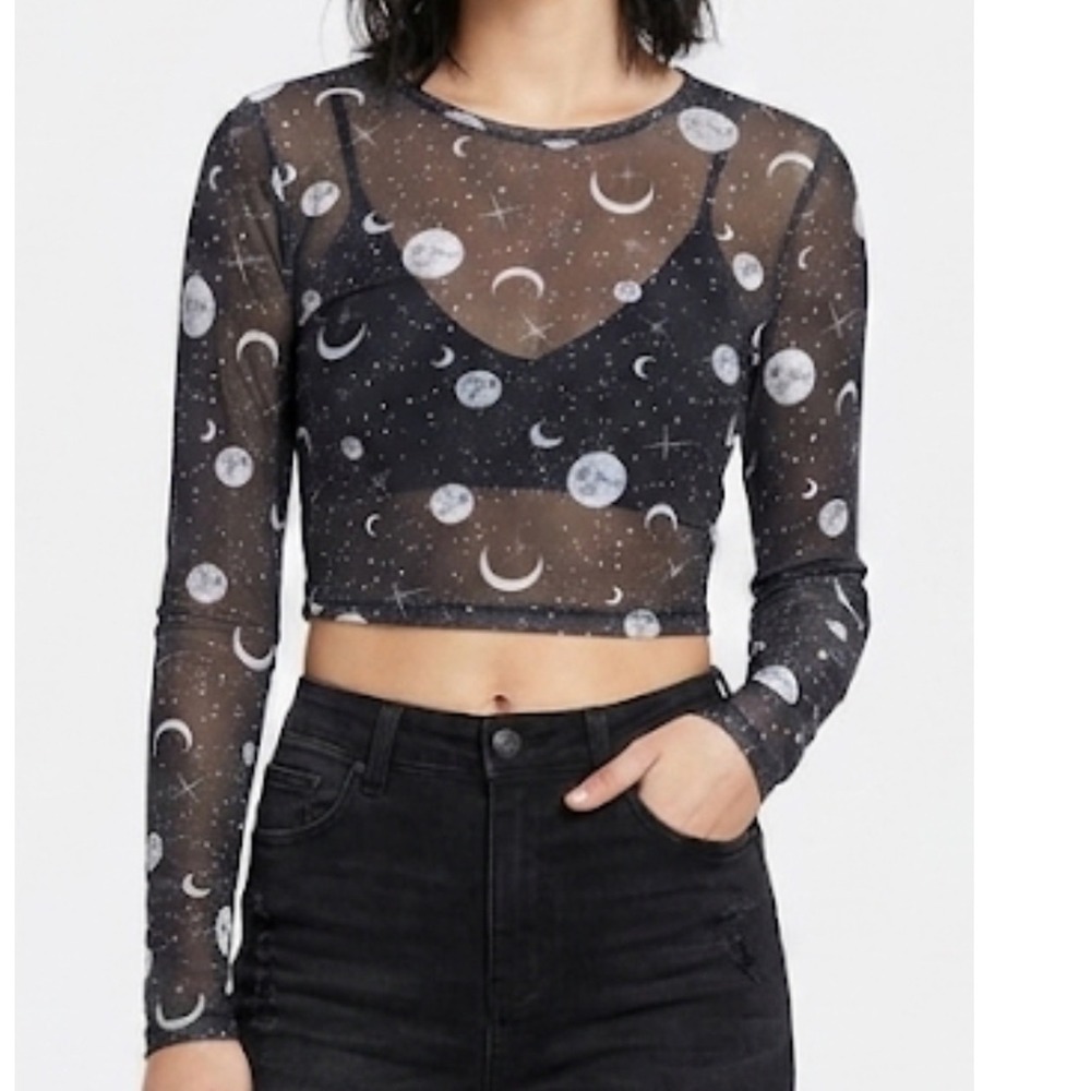 Spencers Womens Mesh Celestial Moon Star Crop Top Long Sleeve Black S/M